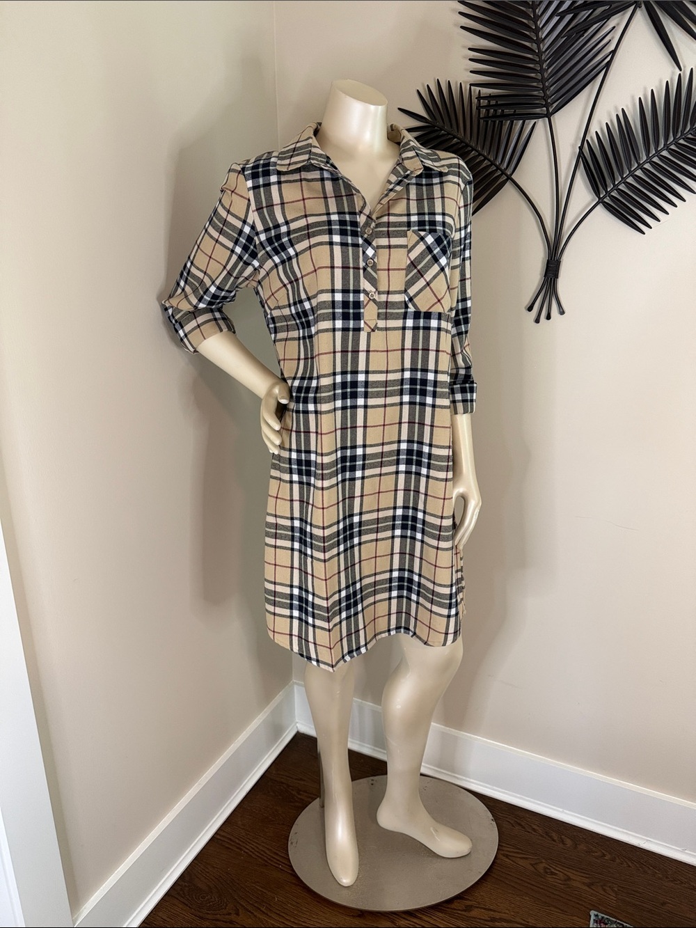 Lauren James Long Sleeve Beige Plaid Shirt Dress